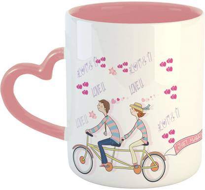 ARTBUG Just Married Couple Cycling Together Ceramic Coffee -Pink Heart Handle - 1688 Ceramic Coffee Mug