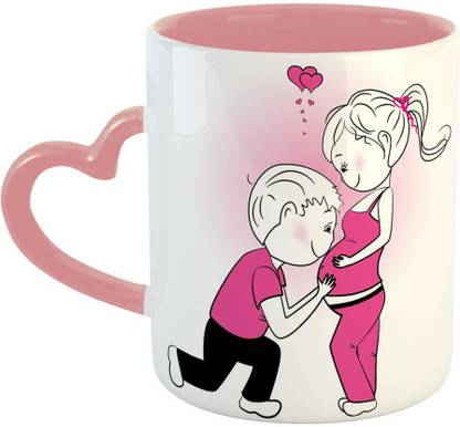 ARTBUG Man Kissing Pregnant Belly of His Wife Printed Ceramic Coffee for Pregnant Women, Wife, Baby Shower-Pink Heart Handle - 3977 Ceramic Coffee Mug