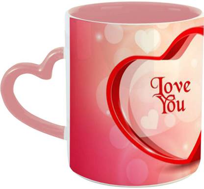 ARTBUG Love You Ceramic Coffee Valentines Day Best Gift for Girlfriend, Boyfriend, Husband, Wife, Lover, Hubby, Wifey, Anniversary, Birthday-Pink Heart Handle - 1583 Ceramic Coffee Mug