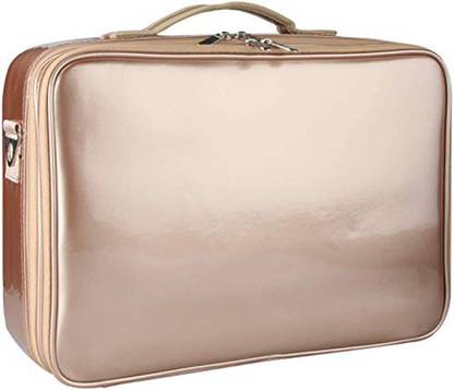 HOUSE OF QUIRK 3 Layers Large Capacity Travel Professional Makeup Train Case with Adjustable Compartment Shoulder Strap (Rose Gold 40cm) Multi Purpose Vanity Box