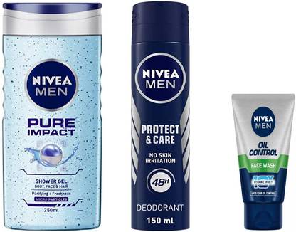 NIVEA Men Pure Impact Shower Gel 250 Ml , Men Protect & care Deodorant Spray 150 ML ,Oil Control Face Wash 50 Ml #299
