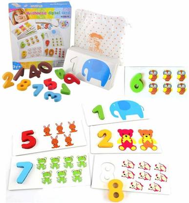 FLICK IN Learning Arithmetic Digital Card Pairing Number and Animal Educational Puzzle Wooden Blocks Board Game Toy for Kids (Multicolor)