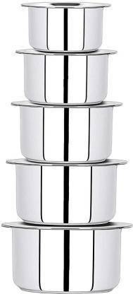 Strobine Set of 5 Stainless Steel Flat Bottom Silver Cooking Set Stainless Steel Induction & Gas Stove Friendly, Heavy 22 Gauge, Flat Bottom Container Set / Tope Set With Lids Size 10 To 14 Induction Bottom Cookware Set Tope Set / Patila Combo / Tapeli Set With Lid Dhakkan And Chhibba Big Size Serving Ware And Cook Vegetable Milk Pan / Chetty Handi Multi Rasoi Bartan Good Quality Best Design Biryani Patila/Tope Set 1 L, 1.4 L, 1.9 L, 2.3 L, 3 L Kadai Type Roasting Sauce Pot Pan Combo Kitchen Ware Home Appliances Cooking Set Pot 16.5 cm, 18.2 cm, 19.6 cm, 21.2 cm, 23 cm diameter 1 L, 1.4 L, 1.8 L, 2.3 L, 3 L capacity with Lid