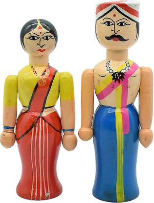 Puja N Pujari Channapatna Traditional Village Couple Dolls Set Toys For Kids And Home Decoration Decorative Showpiece  -  17 cm