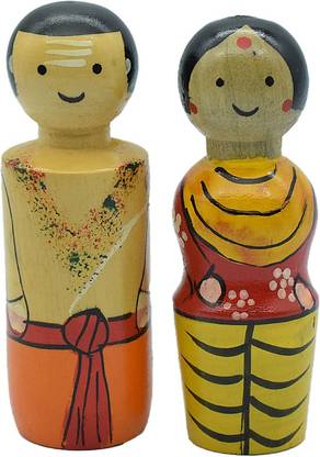 Puja N Pujari Channaptna Wooden Indian Brahmin Couple for Kids Playing and Home Decoration Decorative Showpiece  -  9 cm