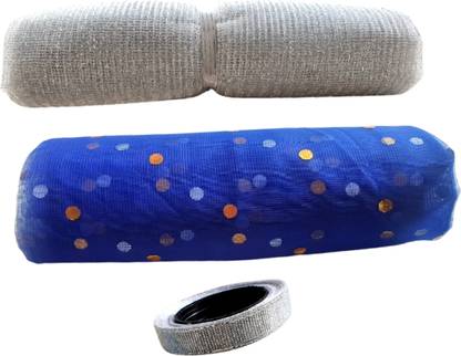 Upyukat 1 PC of Silver Golden Dotted (Dark Blue) Net Fabric/ Cloth and 1 PC of (Silver) Jali Net Fabric/ Cloth 8 meters long and 44 inches in width along with a silver ribbon roll (12.5 mm width) for Birthday/ Party/ Festive Decoration, Gift Wrapping, Art and Craft projects, Home Décor