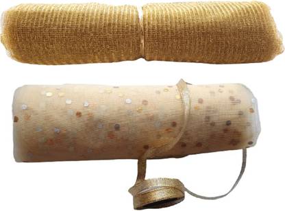 Upyukat 1 PC of Silver Golden Dotted (Beige) Net Fabric/ Cloth and 1 PC of (Golden) Jali Net Fabric/ Cloth 8 meters long and 44 inches in width along with a Golden ribbon roll (12.5 mm width) for Birthday/ Party/ Festive Decoration, Gift Wrapping, Art and Craft projects, Home Décor
