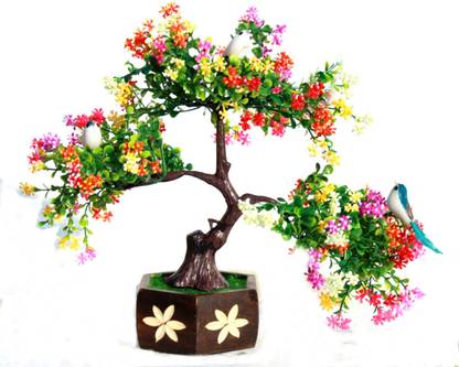 zonezer artificial mulicolour flower for home decoration with wooden pot. Tree special for home office balcony bedroom garden living room and table.set of 1+3 brids. Multicolor Daisy Artificial Flower  with Pot