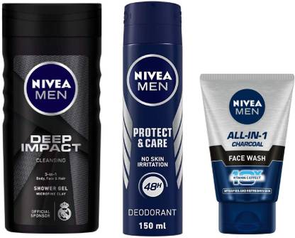 NIVEA Men Deep Impact Shower Gel 250 Ml , Men Protect & care Deodorant Spray 150 ML ,All In One Charcoal Face Wash 100 Ml #383