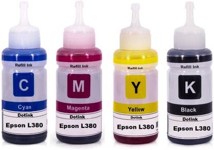 Refill Ink L380 Dye Ink Compatible EcoTank Inkjet Printer L130, L110, L210, Black + Tri Color Combo Pack Ink Bottle