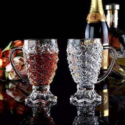 STORKLER (Pack of 2) Crystal Clear Pineapple Shaped Whiskey Glasses Drinking Glass,Fancy Glass with Handle for Drinking Water,Juice,Cold Drink,Crystal Clear Mug Glass Set Glass Set Glass Set (205 ml, Glass) (Pack of 2) Glass Set Water/Juice Glass
