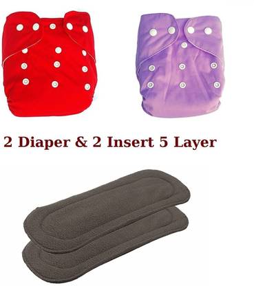 Playalong All In One Reusable Adjustable Washable Cloth Diaper Nappy For Baby New Born To 2 Year Red and Purple Diaper With 2 Bamboo Insert 5 Layer