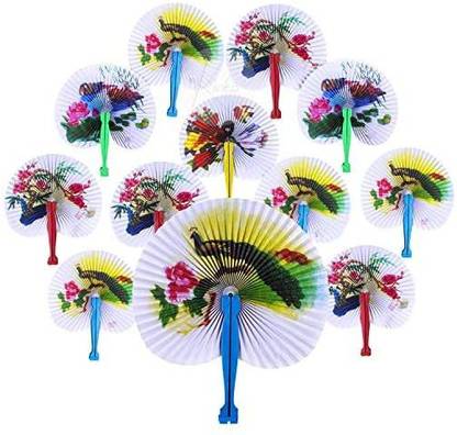 Kicko Chinese Paper Fans 12 Pack Folding Fans with Colorful Plastic Handles 10 Inches Colors and Oriental Designs for