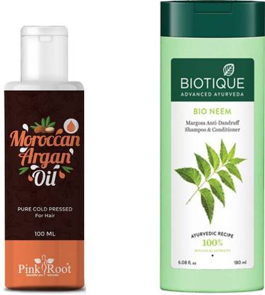 PINKROOT Moroccan Argan Oil 100ml with Biot_-que Bio Neem Margosa Anti Dandruff Shampoo and Conditioner, 180ml