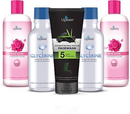 Ujjwala Natural and Pure Rose Water (Gulab Jal) 100 ml+ 100 ml + Glycerine Fresh 60gm + 60 gm and Charchol face Wash 50gm(Combo of 5)