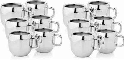 Friends Club Pack of 12 Stainless Steel Pack of 12 Stainless Steel Essentials Double Walled Heavy Quality Tea & Coffee Cup mug Set With Latest Stylish Fancy Unique Design(Silver) (Kitchen & Home Appliances,Cups Combo)(Tea Cups)Designer Cup Set (Silver) Tableware ,Dining Decor,Classic Cups Mugs Sets For Guest Welcome And use For Daily Home And Office Use Cups Big Combo Set