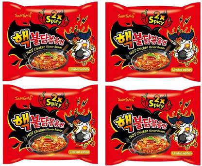 Samyang Sam Yang 2X Spicy Hot Chicken Flavour Instant Korean Noodles - 140gm*4Pack (Pack of 4) (Imported) Hakka Noodles Non-vegetarian