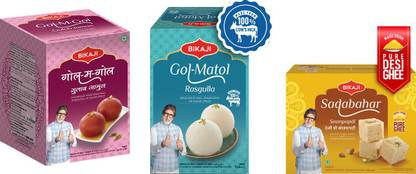 Bikaji Gol Matol Rasgulla-1.25kg Gulab Jamun-1.25kg and Sohan Papdi-450g Tin