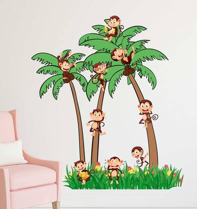 TRIDENT 90 cm Banana Tree With Funny Monkeys Removable Sticker