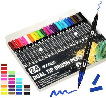 izone 24 Dual Tip Art Brush Pens 24-Pack, Brush Tips and Fine Point Art Marker Colored Set, Good for Journal, Calligraphy, Planner, Coloring Book