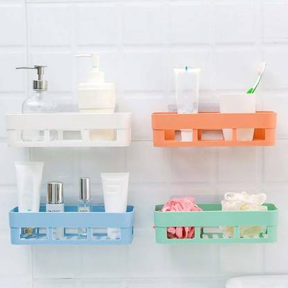 Qrex Multipurpose Strong Adhesive Magic Sticker ABS Plastic Kitchen Bathroom Shelf Wall Holder Storage Box Bathroom Organizer Shower Rack Shelf,4 Bathroom Shelves,Multi Color,Bathroom Set Of 4 Plastic Bathroom Set