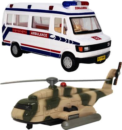 Gift Box Set Of 2 Small Size Made Of Plastic Indian Replica Ambulance Toy + Rescue Helicopter Toy For Kids| Children Playing Toys| Very Small Size|(2 COMBO OFFER)