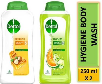 Dettol NOURISH HYGIENE BODY WASH WITH HONEY AND SHEA BUTTER AND REVITALIZE HYGIENE BODY WASH WITH HONEYDEW MELON & CUCUMBER ( 250 ML X 2N)