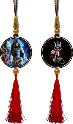 febiaa Shiva Rudra Avtar & Mahadev Premium Car Hanging Combo (Set of 2) with Big / Long Hanging Threads Car Hanging Ornament