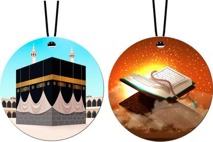 febiaa Mecca Madina & Holy Quran Car Hanging Combo (Set of 2) with Big / Long Hanging Threads Car Hanging Ornament