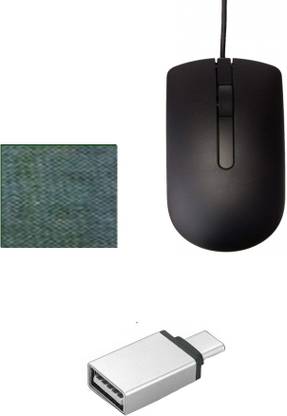 DELL 1 WIRED OPTICAL MOUSE GRIP WITH COMFORTABLE LONG CABLE Type C to Micro OTG Adapter for OTG Enabled Type C Devices 1 MOUSE PAD COMBO SET BEST QUALITY Combo Set