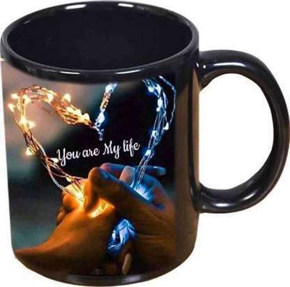 Murli Textiles PASHUPATASTRA "You Are My Life" (Couple Heart)" Classic Stylish Black Coffee Gift For Friends, Lovers, Valentine's day, Anniversary Gift, Black Patch (350ml) Ceramic Coffee Mug