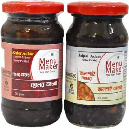 Menu Maker Select Premium Kuler Achar [Sweet & Sour Berry Pickle] and Jalpai Achar [Olive Pickle] Combo Pack, 250g Each Olive Pickle