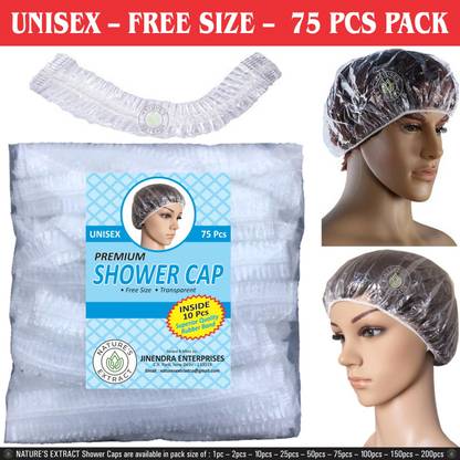 nature's extract (75pcs) SHOWER CAP / BATH CAP – Reusable – Waterproof – Unisex - Free Size – Transparent - Multipurpose use in Home / Salons / Spa / Travelling / Camping