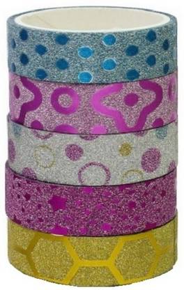 R H lifestyle 5PCS Colorful Adhesive Printed Glitter Paper Tapes Rolls (15mm x 5 Meter)