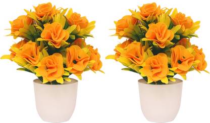 mogal 07Wild Artificial Plant with Pot(Yellow Rose, Pack of 2, 8inch) Bonsai Wild Artificial Plant  with Pot