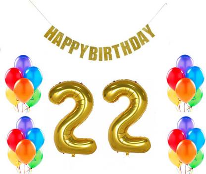 MoohH Combo For Birthday Party Decoration ( Guilter Happy Birthday Banner + 22 Number Gold Foil balloon + 50 pcs Multicolor Metallic balloon) (Pack of 53)