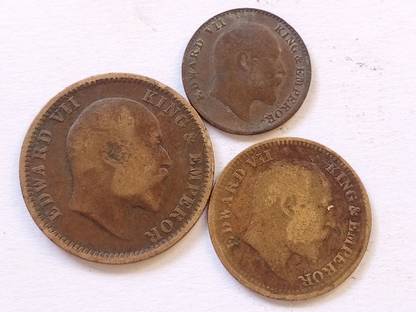 MANMAI COINS 3 DIFFERENT COINS SET - KING EDWARD ( KE VII ) - 1/4 , 1/12 ANNA & 1/2 PICE - RANDOM YEAR - CIRCULATED CONDITION - BRITISH INDIA Medieval Coin Collection