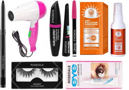 Crynn Smudge Proof Essential Makeup HD11 Beauty Kajal & Rosedale 3in1 Eyeliner , Mascara , Eyebrow Pencil & Eyelash , Glue & 2 Speed Foldable Hair Dryer & Anti Poluution SPF 50+ Sunscreen