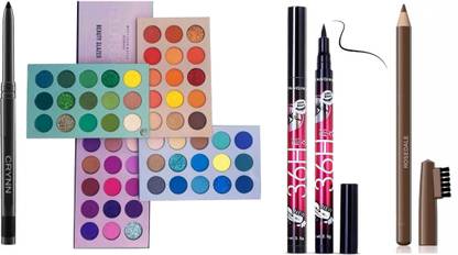 Crynn Smudge Proof Essential Makeup HD16 Rosedale Beauty Kajal & Beauty Glazed 60 Colors Matte & Shimmer High Pigmented Color Board Blendable Eyeshadow & Yanqina 36H Deep Black Liquid Eyeliner & Glam Brown Eyebrow Pencil