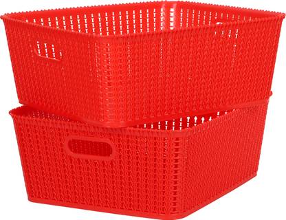Cutting EDGE Set of 2 | Medium | Red | Multipurpose Sturdy Woven Storage Baskets Organiser for Kitchen, Office, Stationary, Cosmetics Plastic Fruit & Vegetable Basket
