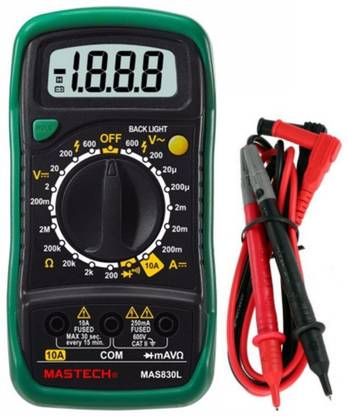 BALRAMA Mini Handheld LCD Display Digital Multimeter DC Current + DC/AC Voltage + Resistance + Temperature Transistor hFE + Data Hold + Continuity Diode Tester with Backlight + Battery + Hostler + Original Testing Leads Probes MASTECH MAS830L Digital Multimeter