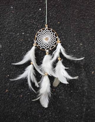 DHRUVTAR STORE Car hangingFeather Décor Dream Catcher Wall Hanging for Bedrooms Office Balcony Outdoors Garden Hanging, Brings Positive Energy Decorative Showpiece - 41 cm (Feather, Metal, White) Steel, Feather Windchime