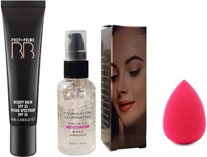Vedy NEW WATERPROOF FOUNDATION ILLUMINATING PRIMER MAKEUP BASE Primer - 50 ml  (WHITE) , PREP + PRIME BB BEAUTY BALM SPF 35 BROAD SPECTRUM - LIGHT PLUS AND HYDRO-ACTIVATED HIGH PREMIUM QUALITY MAKEUP BEAUTY BLENDER FOR PROFESSIONALS