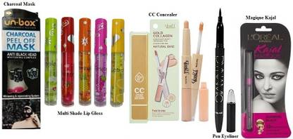 UNBOX Charcoal peel Off Mask With Multi Shade Lip Gloss & CC Concealer With Long Lasting Pen Eyeliner & Magique Kajal