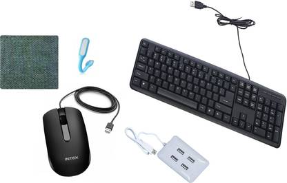 Intex WIRED STANDARD KEYBOARD SOFT TOUCH KEY LONG KEY LIFE TIME LONG CABLE BACK Wired Optical Mouse (USB 2.0, Black) USB LED Light Adjust Angle / bendable Portable Flexible USB Light with usb for power bank PC Laptop Notebook Computer keyboard outdoor Energy Saving Gift Night Book Reading Lamp 4 Port Hi-Speed USB Hub 1 MOUSE PAD all item best quality combo set ) Combo Set