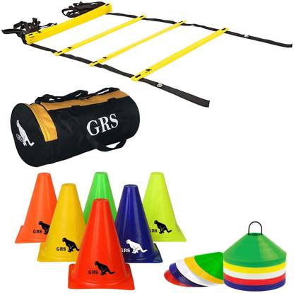 GRS Sports 6 Inch Cones Pack 6,10 Space Markers, 4 Meter Ladder & Gym Bag Agility Combo Cricket Kit