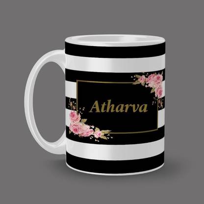 Beautum Name Atharva Stripes Pattern Printed White Ceramic (350)ml Model No:Stripes02431 Ceramic Coffee Mug