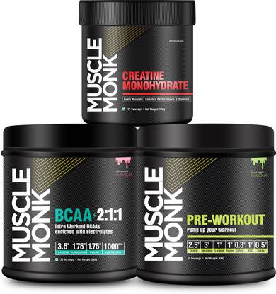 MuscleMonk Workout Essentials Pre-workout, Creatine Monohydrate & BCAA 2:1:1 | Combo of 3 BCAA