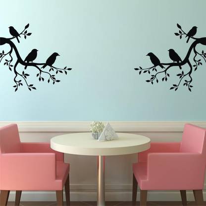 Crown Decals 58 cm black decal abstract decorative birds tree leaves black colour wall sticker for home decor (pvc vinyl covering area 58cm X 58cm ) Reusable Sticker