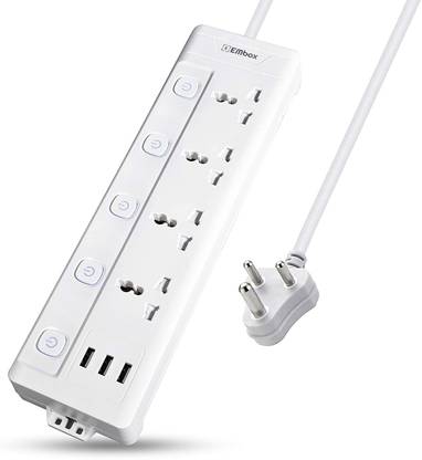 EMBox Extension Boards with USB Port - 4 Universal Sockets and 3 USB (2.4 A) Charging Ports with Indicator, 1.8 mtr Cord, Individial Switch Safety Shutter Protection, Extension Cord with USB 4  Socket Extension Boards